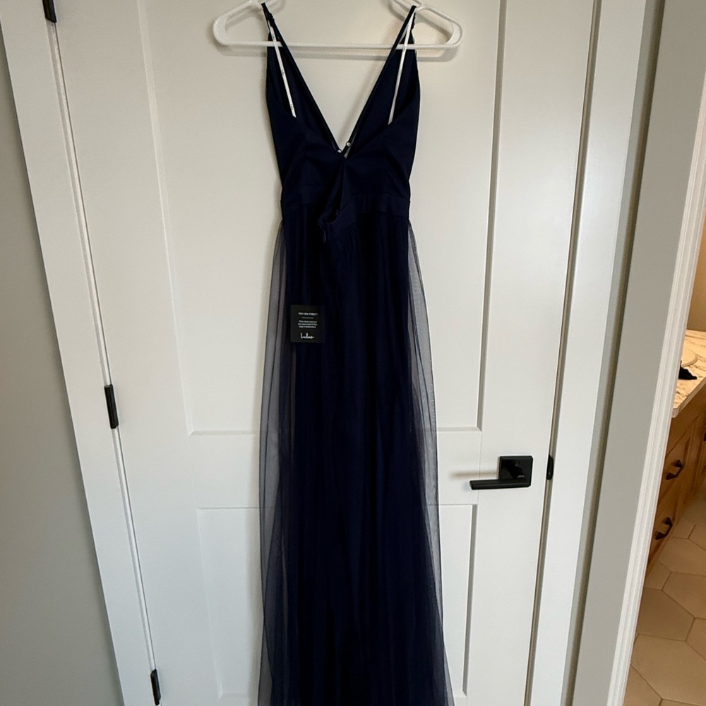 Elegant Navy V-Neck Tulle Evening Dress for Women